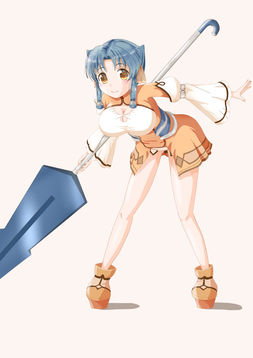 1girl absurdres ainu_clothes airon_1010 animal_ears aquaplus atuy bare_legs bent_over blue_hair blush boots breasts cleavage cleavage_cutout closed_mouth clothing_cutout dress full_body gradient_eyes hair_between_eyes highres holding holding_polearm holding_spear holding_weapon large_breasts long_sleeves looking_at_viewer multicolored_eyes orange_eyes parted_bangs polearm raised_eyebrows short_hair_with_long_locks short_shorts shorts sidelocks smile solo spear spread_legs standing taut_clothes utawarerumono utawarerumono:_itsuwari_no_kamen weapon wide_sleeves