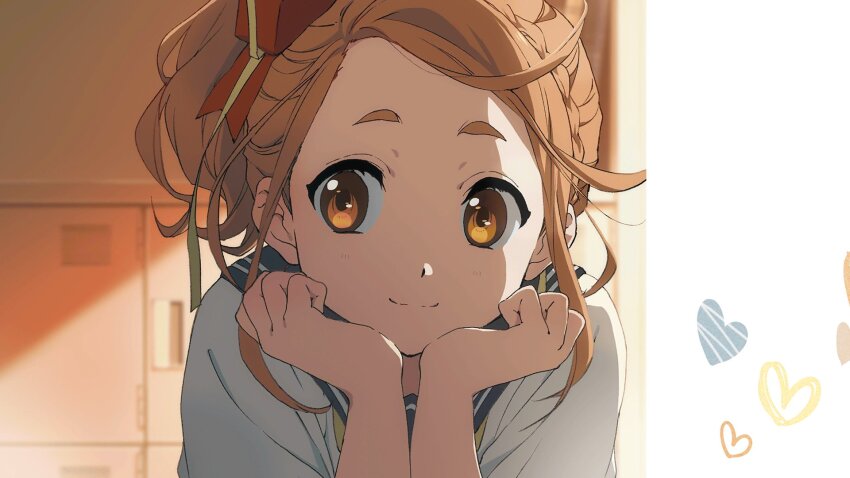 1girl 22/7 22/7_ongaku_no_jikan bow braid brown_eyes brown_hair game_cg hair_bow hair_ribbon high_ponytail highres horiguchi_yukiko indoors kono_miyako looking_to_the_side non-web_source official_art ponytail ribbon school_uniform serafuku single_braid smile solo upper_body
