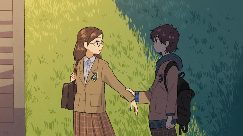 1boy 1girl absurdres backpack bag brown_hair brown_jacket collared_shirt cowboy_shot day glasses highres holding_another&#039;s_arm holding_strap hood hood_down hoodie jacket kojiro337 long_hair long_sleeves looking_at_another original outdoors school_uniform shadow shirt short_hair shoulder_bag standing