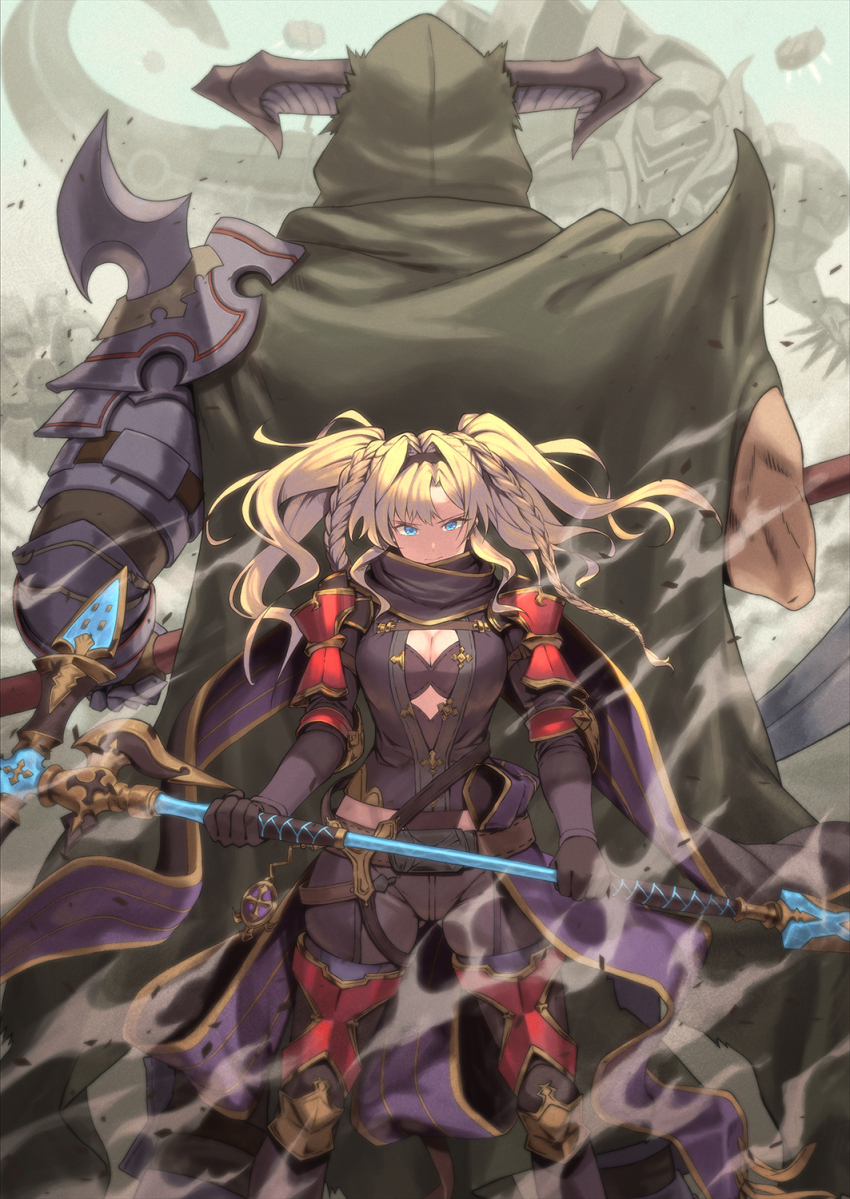 1boy 1girl armor back-to-back blonde_hair blue_eyes braid breasts cape cleavage gloves granblue_fantasy hair_intakes hairband highres horns large_breasts looking_at_viewer polearm red_armor shoulder_armor spear standing tekkai_blade twin_braids twintails vaseraga weapon zeta_(granblue_fantasy)
