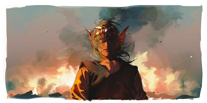 1boy aqua_hair blue_gemstone border burning burning_building dragon_quest dragon_quest_iv floating_hair gem gold_headdress green_tunic hdw91v hero_(dq4) highres looking_at_viewer male_focus medium_hair parted_lips partially_shaded_face rubble shirt solo traumatized tunic upper_body white_border white_shirt wide-eyed