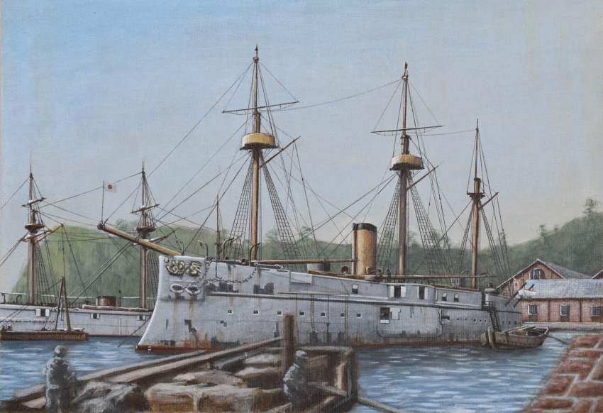 2boys absurdres acrylic_paint_(medium) atelier_bono boat cliff dock fusou_(ironclad) highres imperial_japanese_navy ironclad japanese_flag mast military_vehicle multiple_boys original painting_(medium) ship smokestack traditional_media vehicle_focus warehouse warship watercraft