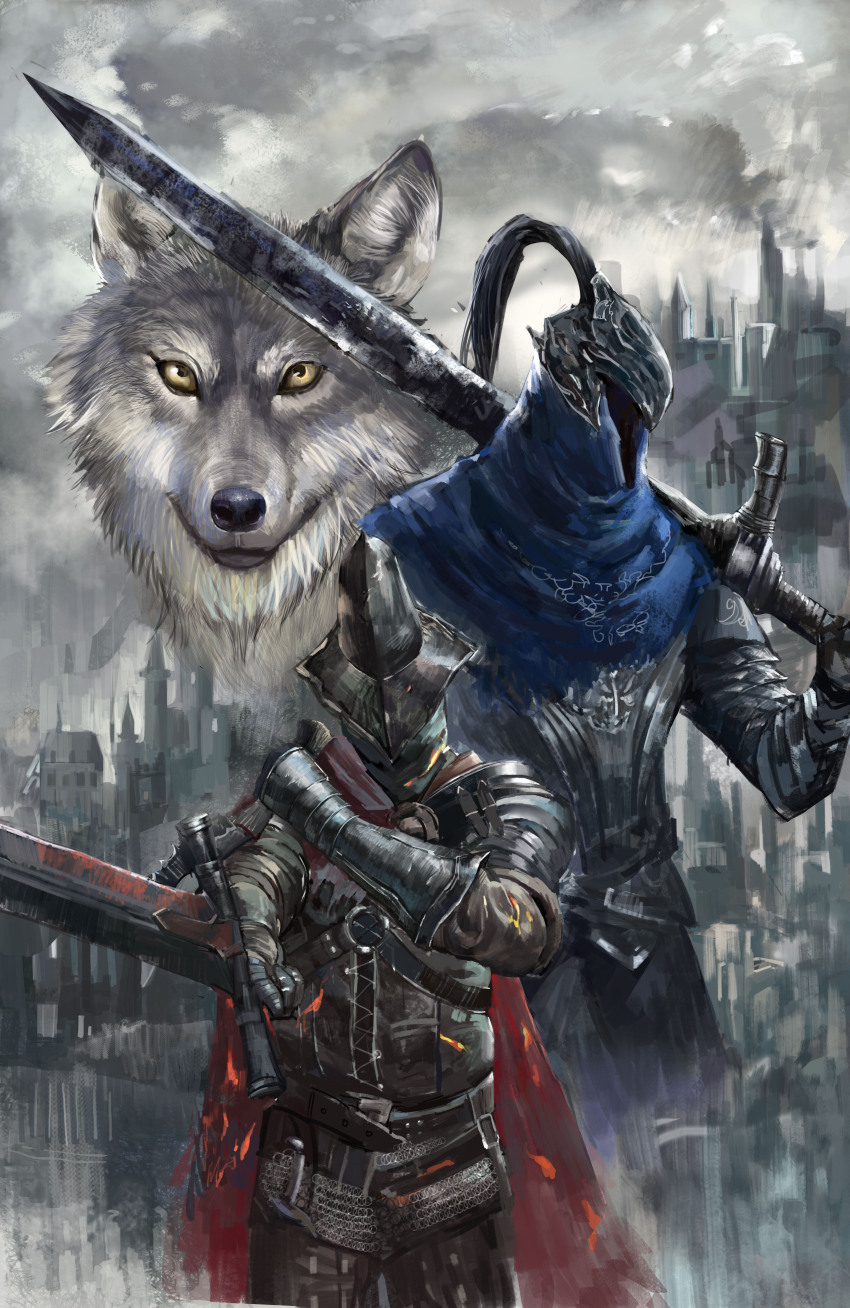 absurdres abyss_watcher animal armor artorias_the_abysswalker boots cape dark_souls_(series) dark_souls_i dark_souls_iii destiny_yama fire_body full_armor gauntlets great_grey_wolf_sif greatsword grey_wolf helmet highres holding holding_weapon knight over_shoulder pants pauldrons red_eyes shoulder_armor sword torn_cape torn_clothes weapon white_hair wolf