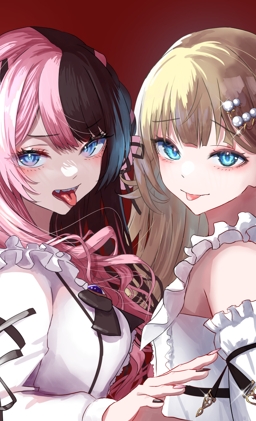 2girls black_bow black_hair blue_eyes bow braid breasts brooch brown_hair brown_nails cattleya_regina_games commentary eyelashes fang french_braid frilled_sleeves frills hair_ornament hanabusa_lisa hanabusa_lisa_(1st_costume) highres iris_black_games jewelry long_hair looking_at_viewer multicolored_hair multiple_girls open_mouth pearl_hair_ornament pink_bow pink_hair pink_nails red_background ribbon shirt shrug_(clothing) simple_background split-color_hair tachibana_hinano_(1st_costume) tachibana_hinano tongue tongue_out two-tone_hair virtual_youtuber vspo! white_shirt yusuke_(shiota)