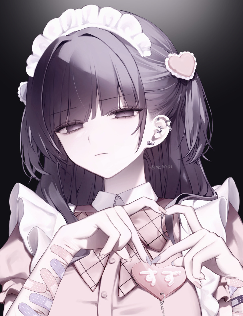 1girl absurdres apron bandaid bandaid_on_arm black_background blank_eyes bow bow_earrings closed_mouth collared_shirt ear_piercing earrings fingernails frown hair_ornament hands_up heart heart_hair_ornament heart_hands highres jewelry kumo_tabetai long_fingernails long_hair looking_at_viewer maid maid_apron maid_headdress original piercing pink_bandaid pink_shirt puffy_short_sleeves puffy_sleeves purple_eyes purple_hair self-harm_scar shirt short_sleeves sidelocks solo twintails twitter_username two_side_up upper_body
