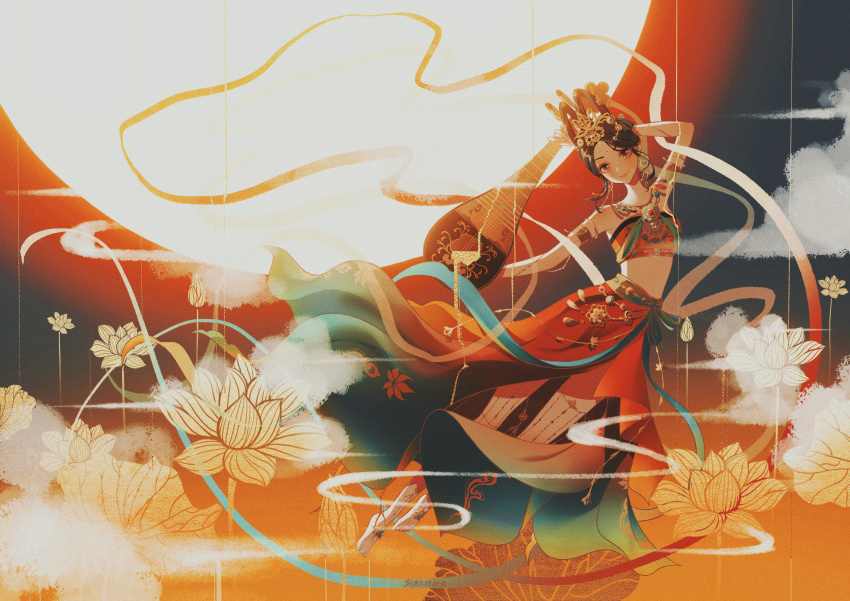 1girl absurdres aqua_bow aqua_skirt arm_behind_head bare_shoulders bow brown_eyes brown_hair character_request chinese_commentary circlet closed_mouth cloud commentary_request crown eyelashes eyeshadow floating floral_print flower full_body gold_armlet gold_crown hagoromo happy highres holding holding_instrument instrument instrument_request light_blush lipstick long_skirt lotus makeup nikki_(series) pink_lips red_eyeshadow red_skirt red_tube_top shawl shining_nikki short_hair situ&#039;erte_tiezhu skirt smile solo strapless sun tube_top two-sided_fabric two-sided_skirt updo waist_bow white_flower