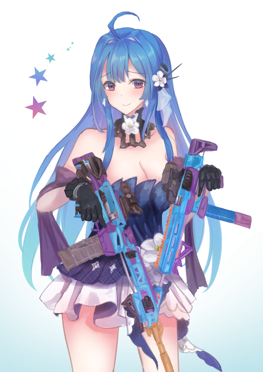 1girl absurdres ahoge assault_rifle azur_lane bare_shoulders black_gloves blue_dress blue_eyes breasts cleavage cowboy_shot detached_collar dress flower gloves gun hair_flower hair_ornament helena_(azur_lane) helena_(may_i_have_this_dance?)_(azur_lane) highres holding holding_gun holding_weapon large_breasts martinreaction official_alternate_costume rifle simple_background solo strapless strapless_dress weapon white_background white_dress white_flower