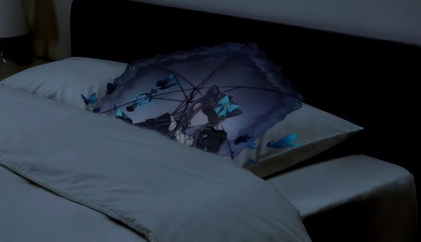 1girl arcaea bed black_hair black_sleeves blanket blue_ribbon bug butterfly eyepatch highres insect lantern meme parasol pillow ribbon sleeping tairitsu_(arcaea) tairitsu_(tempest)_(arcaea) umbrella white_blanket white_pilow