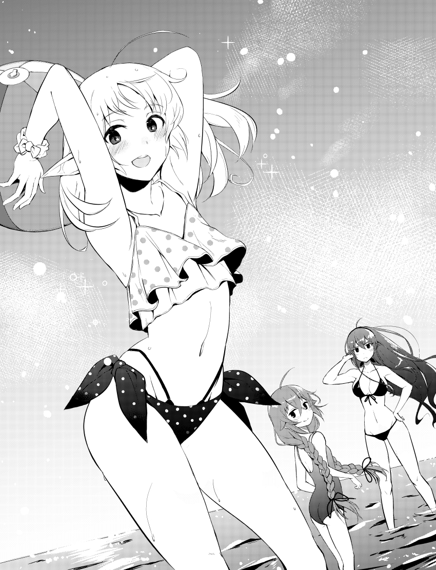 3girls absurdres alternate_costume arms_up ass ball beachball bikini blush braid breasts cleavage closed_mouth collarbone commentary_request dutch_angle elf eris_greyrat flat_chest frilled_bikini frills front-tie_bikini_top front-tie_top greyscale highres holding holding_above_head holding_ball holding_beachball horizon large_breasts long_braid long_hair looking_at_viewer monochrome multi-strapped_bikini_bottom multiple_girls mushoku_tensei nakami_chihiro navel ocean one-piece_swimsuit open_mouth pointy_ears roxy_migurdia side-tie_bikini_bottom swimsuit sylphiette_(mushoku_tensei) thighs twin_braids wading water