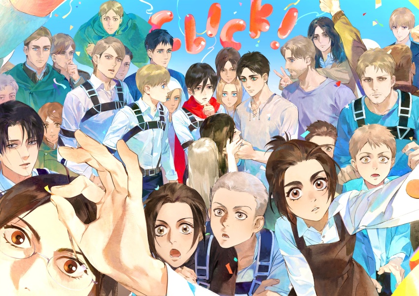 6+boys 6+girls :o absurdres annie_leonhart armin_arlert auruo_bossard balloon bertolt_hoover black_hair blonde_hair blue_eyes blush brown_hair celebration character_request check_character chin_rest krista_lenz clone confetti connie_springer couple disembodied_head eren_yeager erwin_smith expressionless falco_grice foreshortening gabi_braun group_picture hand_up hange_zoe head_on_head head_rest highres jean_kirstein levi_(shingeki_no_kyojin) light_brown_hair luguoadeli_(maple12031) marcel_galliard marco_bott mikasa_ackerman moblit_berner multiple_boys multiple_girls outstretched_arm paradis_military_uniform petra_ral pieck_finger porco_galliard red_scarf reiner_braun sasha_blouse scarf selfie shingeki_no_kyojin shirt short_hair smile sparkling_eyes spine_eren spoilers taking_picture thinking time_paradox v wide-eyed yelena_(shingeki_no_kyojin) ymir_(shingeki_no_kyojin) ymir_fritz yuri