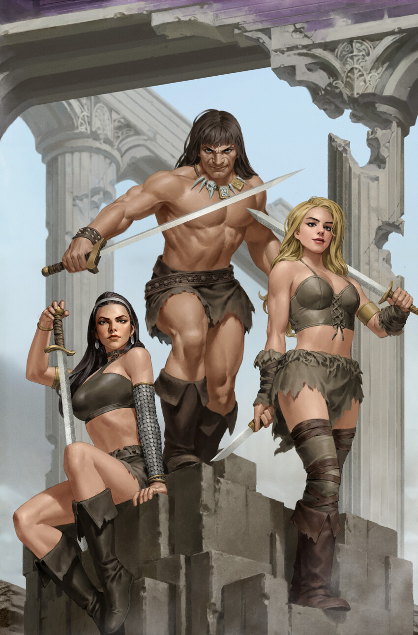 1boy 2girls black_footwear black_hair blonde_hair blue_sky boots bracelet brown_footwear conan_(series) conan_the_barbarian crop_top day dual_wielding earrings highres holding holding_knife holding_sword holding_weapon jewelry knife loincloth long_hair looking_at_viewer multiple_girls necklace outdoors over_shoulder ruins sitting sky standing sword topless_male weapon weapon_over_shoulder yoon_junggeun