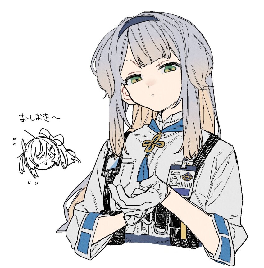 2girls :&gt; animal_ears black_hairband blonde_hair blue_neckerchief brooch chibi chibi_inset closed_mouth colored_inner_hair cropped_torso dayama dog_ears dog_girl expressionless floppy_ears frown glove_pull gloves green_eyes grey_hair hairband half-closed_eyes highres id_card jewelry long_hair looking_at_viewer multicolored_hair multiple_girls neckerchief nervous_sweating nijisanji shaded_face shioriha_ruri shirt short_sleeves side_ponytail sidelocks simple_background solo_focus sweat tachitsute_toto upper_body virtual_youtuber white_background white_gloves white_shirt