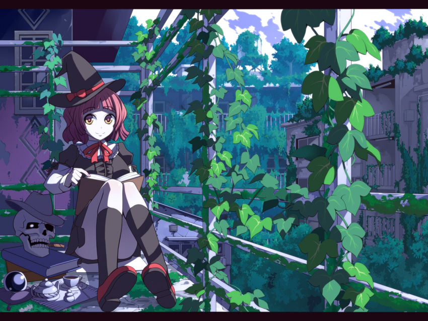 1girl bow cigar crystal_ball cup female_focus hat ivy letterboxed mouth_hold original overgrown reading ribbon short_hair sitting skull smile solo teacup teapot torigoe_takumi witch_hat yellow_eyes