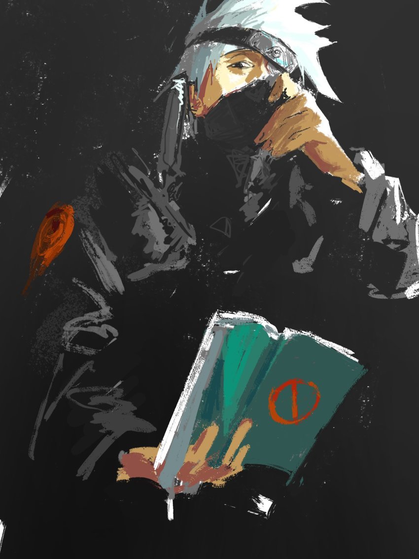 1boy black_eyes black_jacket book covered_mouth forehead_protector hatake_kakashi headband highres huimuuu jacket long_sleeves male_focus mask mouth_mask naruto naruto_(series) naruto_shippuuden one_eye_covered pale_skin short_hair three-quarter_sleeves solo solo_focus spiked_hair white_hair
