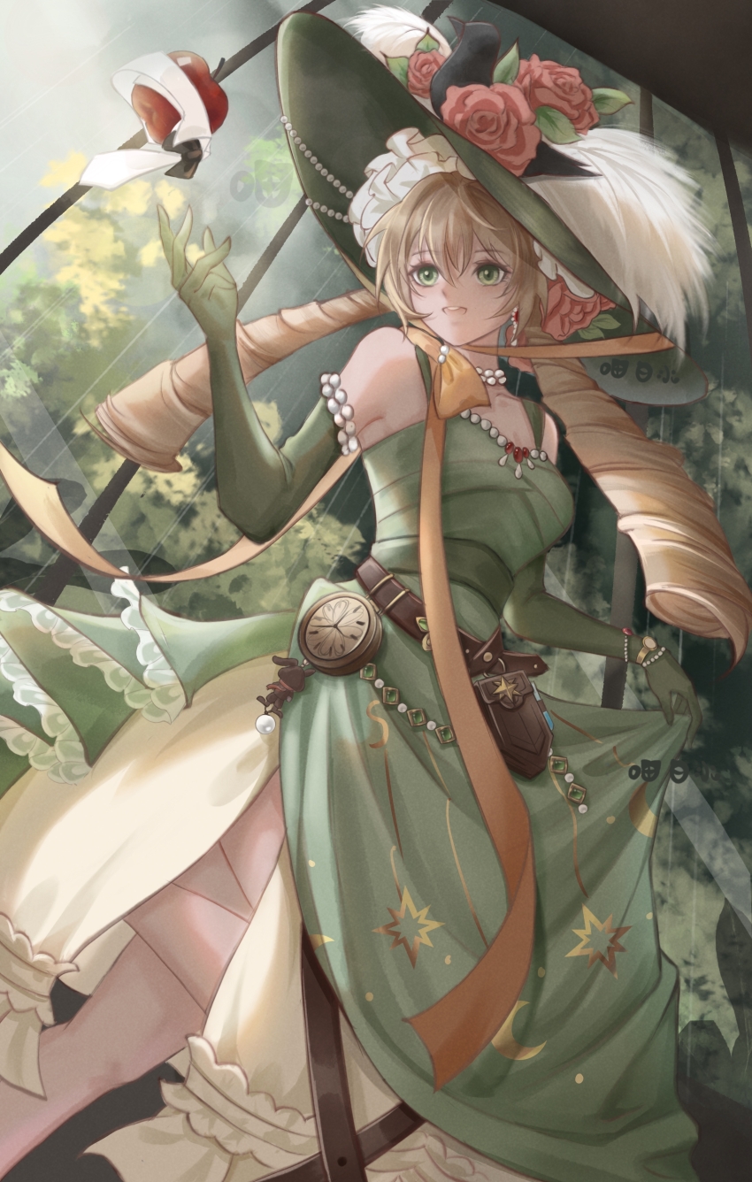 1girl :d absurdres apple apple_(reverse:1999) bare_shoulders belt belt_pouch black_bow black_bowtie blonde_hair bow bowtie brown_belt chin_strap clock dress drill_hair elbow_gloves feet_out_of_frame flower food fruit gloves green_dress green_eyes green_gloves green_hat hand_up hat hat_feather hat_flower highres indoors jewelry leg_up long_dress long_hair looking_at_another low_twintails miaobaishui necklace open_mouth orange_bow pearl_necklace picture_hat pouch red_flower reverse:1999 skirt_hold sleeveless sleeveless_dress smile solo sotheby teeth traditional_bowtie tree turning_head twin_drills twintails upper_teeth_only window
