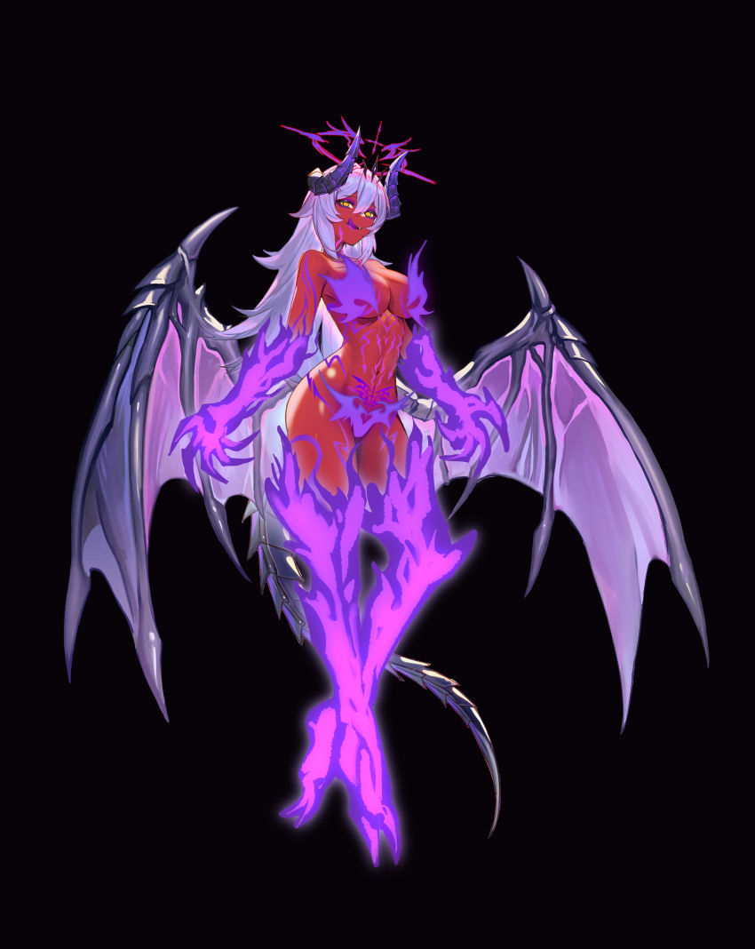 1girl absurdres black_background breasts colored_skin dark_persona demon_girl demon_horns demon_tail demon_wings fire_censor flaming_arm flaming_leg full-body_tattoo full_body grey_hair halo highres horns large_breasts licking_lips long_hair looking_at_viewer low_wings nude original pubic_tattoo red_skin shen_hai_ichigo slit_pupils solo tail tattoo tongue tongue_out variant_set wings yellow_eyes