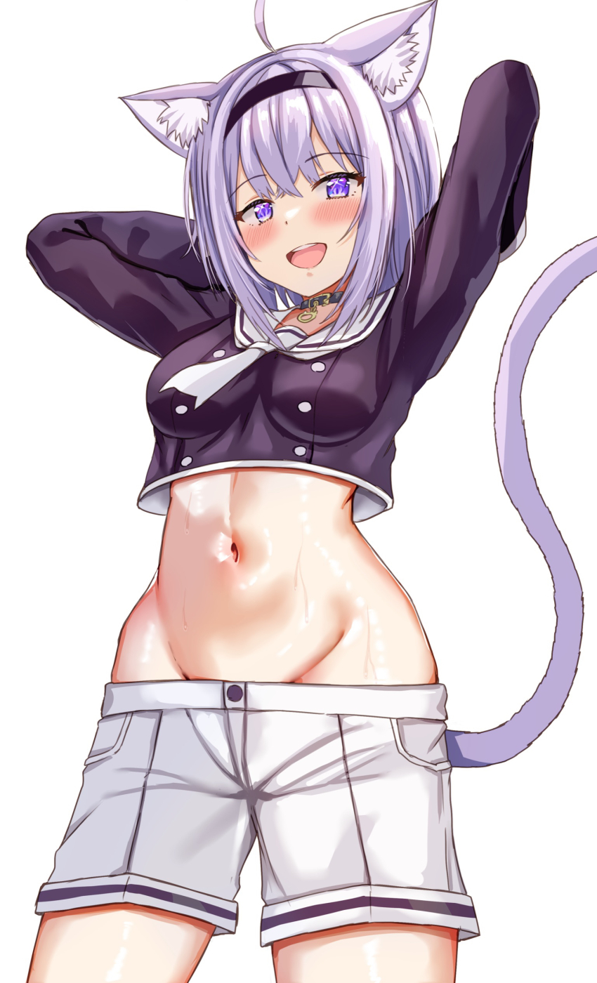 1girl absurdres animal_ears cat_ears highres hololive long_sleeves looking_at_viewer nekomata_okayu nootomo open_mouth purple_eyes simple_background smile solo standing virtual_youtuber