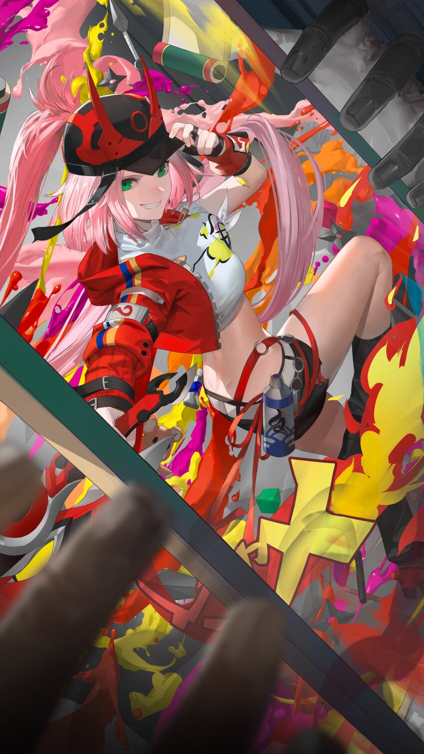 1girl absurdres baseball_cap belt black_hat black_shorts blazpu breasts cropped_shirt graffiti green_eyes grin hat highres honkai:_star_rail honkai_(series) horned_hat jacket kunai long_hair long_sleeves looking_at_viewer medium_breasts pink_hair rappa_(honkai:_star_rail) red_jacket scroll shirt shorts shuriken smile solo weapon white_shirt