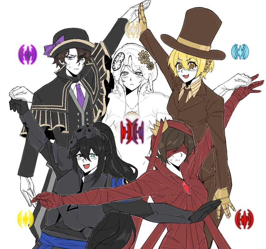 2boys 3girls 8ight alternate_skin_color binds_(e.g.o) black_bow black_capelet black_coat black_hair blonde_hair bow brown_eyes brown_hat brown_jacket brown_necktie capelet cavernous_wailing_(e.g.o) chinese_commentary coat collared_shirt commentary_request crown don_quixote_(project_moon) e.g.o_(project_moon) everlasting_(e.g.o) faust_(project_moon) gameplay_mechanics gauntlets hat hat_bow heathcliff_(project_moon) highres hong_lu_(project_moon) jacket limbus_company long_hair long_sleeves multiple_boys multiple_girls necktie open_mouth oufi_association_south_uniform outis_(project_moon) project_moon purple_bow purple_necktie red_ribbon ribbon shirt short_hair smile star_arms striped_clothes striped_shirt t_corp._(identity)_(project_moon) top_hat very_long_hair