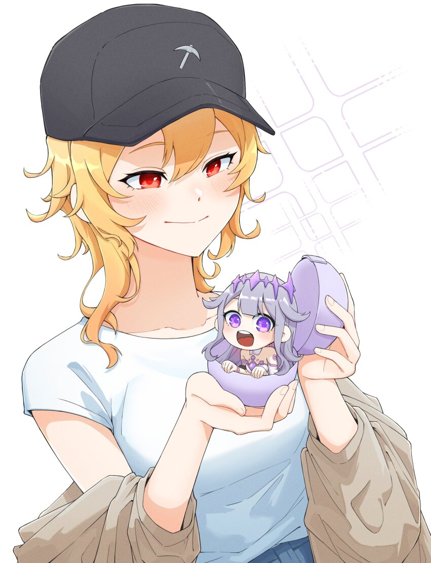 absurdres ball blonde_hair chest_jewel circlet colored_inner_hair dress gashapon grey_hair hair_ornament hat highres hololive hololive_english hololive_indonesia kaela_kovalskia koseki_bijou koseki_bijou_(1st_costume) long_hair medium_hair mini_person minigirl multicolored_hair multiple_girls oneminusowl open_mouth pink_hair purple_eyes purple_hair red_eyes simple_background smile very_long_hair virtual_youtuber white_dress