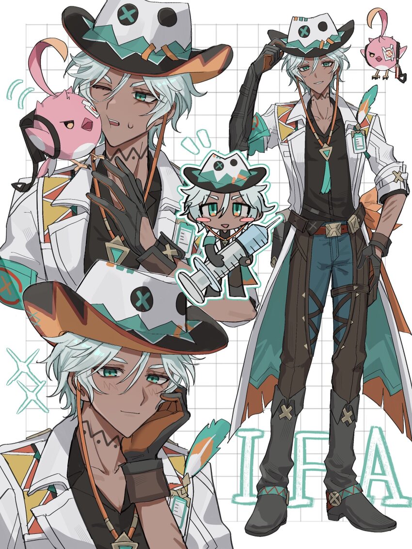 1boy aqua_eyes aqua_pants black_shirt cacucu character_name chibi cloud coat collarbone collared_shirt commentary cowboy_hat dark-skinned_male dark_skin english_commentary feathers genshin_impact glove_cutout grid_background gun hair_between_eyes hand_on_floor hand_on_headwear hand_on_own_face hat highres holding holding_syringe holster id_card ifa_(genshin_impact) knee_up lapels large_syringe looking_at_viewer looking_up male_focus multiple_views neck_tattoo on_floor open_clothes open_coat ota_(ooo_tsn) oversized_object pants scar scar_across_eye scar_on_face shirt short_hair smile sweatdrop syringe tassel tattoo thigh_holster toned toned_male weapon white_background white_coat white_hair white_hat