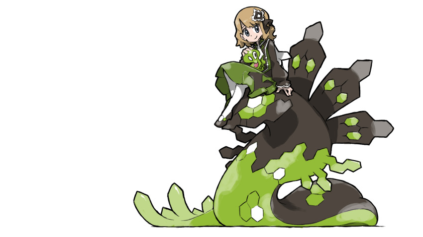 1girl alternate_costume alternate_hair_length alternate_hairstyle black_dress black_footwear blacknirrow blonde_hair closed_mouth dress gen_6_pokemon green_dress grey_eyes highres legendary_pokemon nintendo official_alternate_costume official_alternate_hair_length official_alternate_hairstyle pantyhose pokemon pokemon_(creature) pokemon_masters_ex serena_(pokemon) serena_(sygna_suit)_(pokemon) short_hair simple_background smile two-tone_dress white_background white_pantyhose zygarde zygarde_(50) zygarde_core