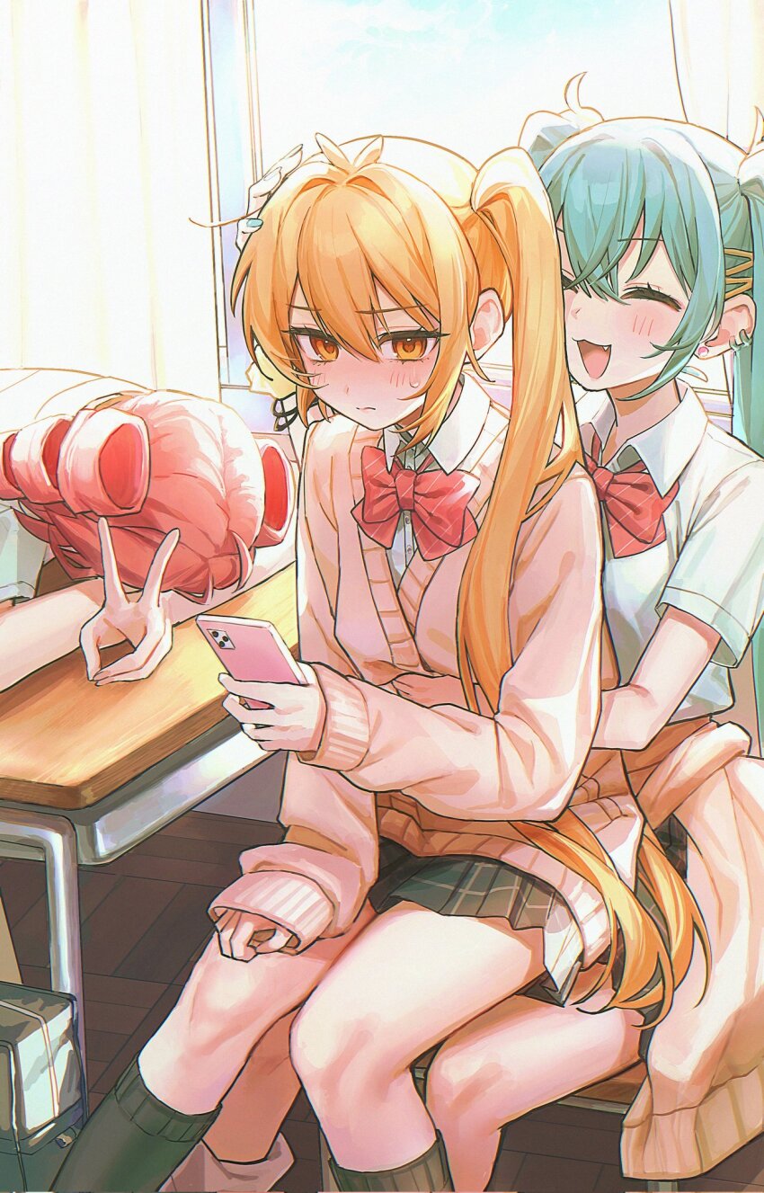 3girls ahoge akita_neru antenna_hair aqua_hair backlighting black_skirt black_socks blonde_hair blue_hair blush bow bowtie cardigan cellphone chair closed_eyes curtains desk diagonal-striped_bow diagonal-striped_bowtie diagonal-striped_clothes dress drill_hair ear_piercing earrings embarrassed eyelashes fang fingernails hair_between_eyes happy hatsune_miku highres holding holding_phone hug hug_from_behind indoors jewelry kasane_teto kneehighs long_hair long_sleeves multiple_girls necktie on_chair open_mouth phone piercing pink_cardigan pinstripe_bowtie pleated_skirt red_bow red_bowtie red_hair ringed_eyes school_desk school_uniform shirt side_ponytail sitting sitting_on_lap sitting_on_person skirt smartphone smile socks striped_clothes sweatdrop triple_baka_(vocaloid) triple_ryuunen twin_drills twintails utau v very_long_hair vocaloid window yellow_eyes yuuri_(0914yuuri_k)