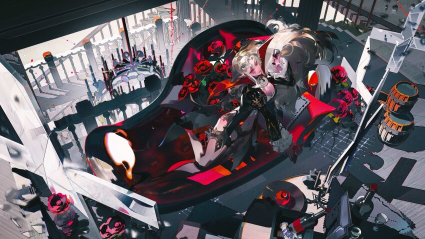 1girl barrel black_dress black_shoes blonde_hair bottle breasts character_request cleavage couch cup dress flower full_body highres holding holding_cup large_breasts long_hair on_couch red_eyes red_flower red_rose rose scenery shadow shoes silver_and_blood smile solo takeno_zhuye thighs wine_bottle