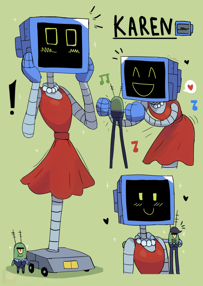 1boy 1girl ^_^ absurdres antennae black_footwear black_hair black_pants black_vest blue_gloves blue_shirt closed_eyes computer cyclops dancing dress gloves green_background green_eyes heart hetero highres husband_and_wife jewelry karen_(spongebob) karen_plankton long_arms long_legs multiple_views musical_note necklace nickelodeon one-eyed pants pearl_necklace plankton red_dress red_eyes robot plankton_(spongebob) shirt shoes short_hair sleeveless sleeveless_dress smile sparkle speech_bubble spoken_heart spongebob_squarepants_(series) tony_welt vest wig