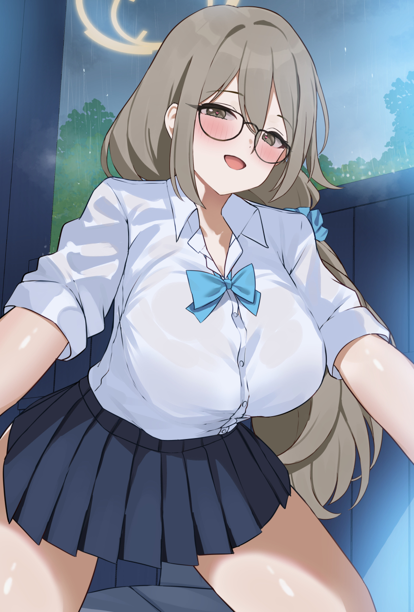 1girl absurdres akane_(blue_archive) akane_(school_uniform)_(blue_archive) black_skirt blue_archive blush breasts brown_eyes brown_hair collarbone glasses hair_between_eyes halo heart heart-shaped_pupils highres large_breasts long_hair low_ponytail mi_taro333 open_mouth pleated_skirt ponytail scrunchie shirt skirt sleeves_rolled_up smile solo symbol-shaped_pupils thighs white_shirt yellow_halo