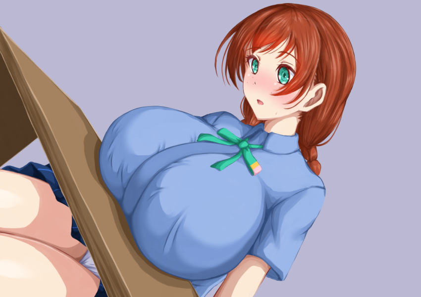 1girl blue_background braid breasts desk emma_verde freckles green_eyes huge_breasts long_hair love_live! love_live!_nijigasaki_high_school_idol_club nijigasaki_school_uniform open_mouth panties pantyshot red_hair school_desk school_uniform simple_background sitting skirt solo sweat tenrai_(temple) twin_braids underwear white_panties