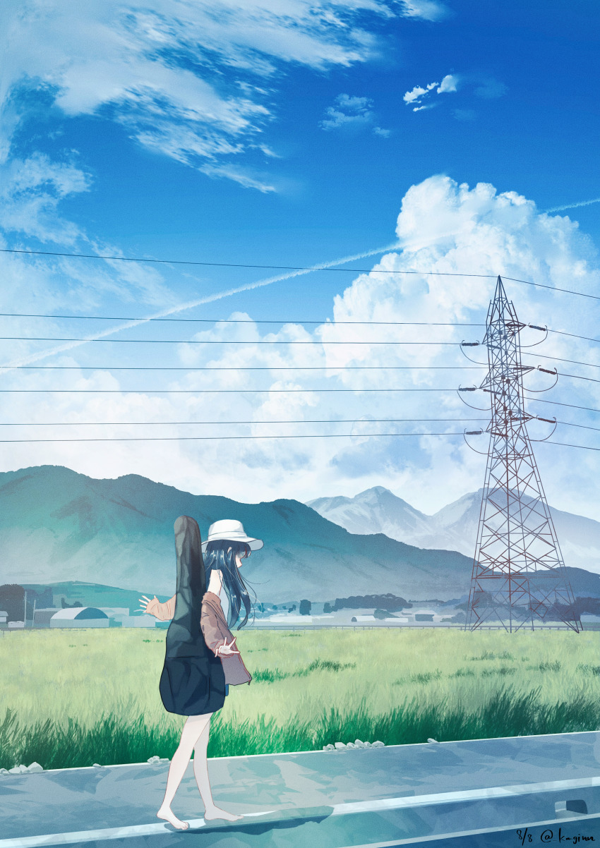 1girl absurdres arms_at_sides barefoot black_hair blouse blue_sky brown_jacket building cloud commentary_request contrail cumulonimbus_cloud day feet field guitar_case highres hill instrument_case jacket kumagaya_nono landscape long_hair mountain original outdoors power_lines rice_paddy road rural scenery shirt sidewalk sky toes transmission_tower walking white_headwear white_shirt