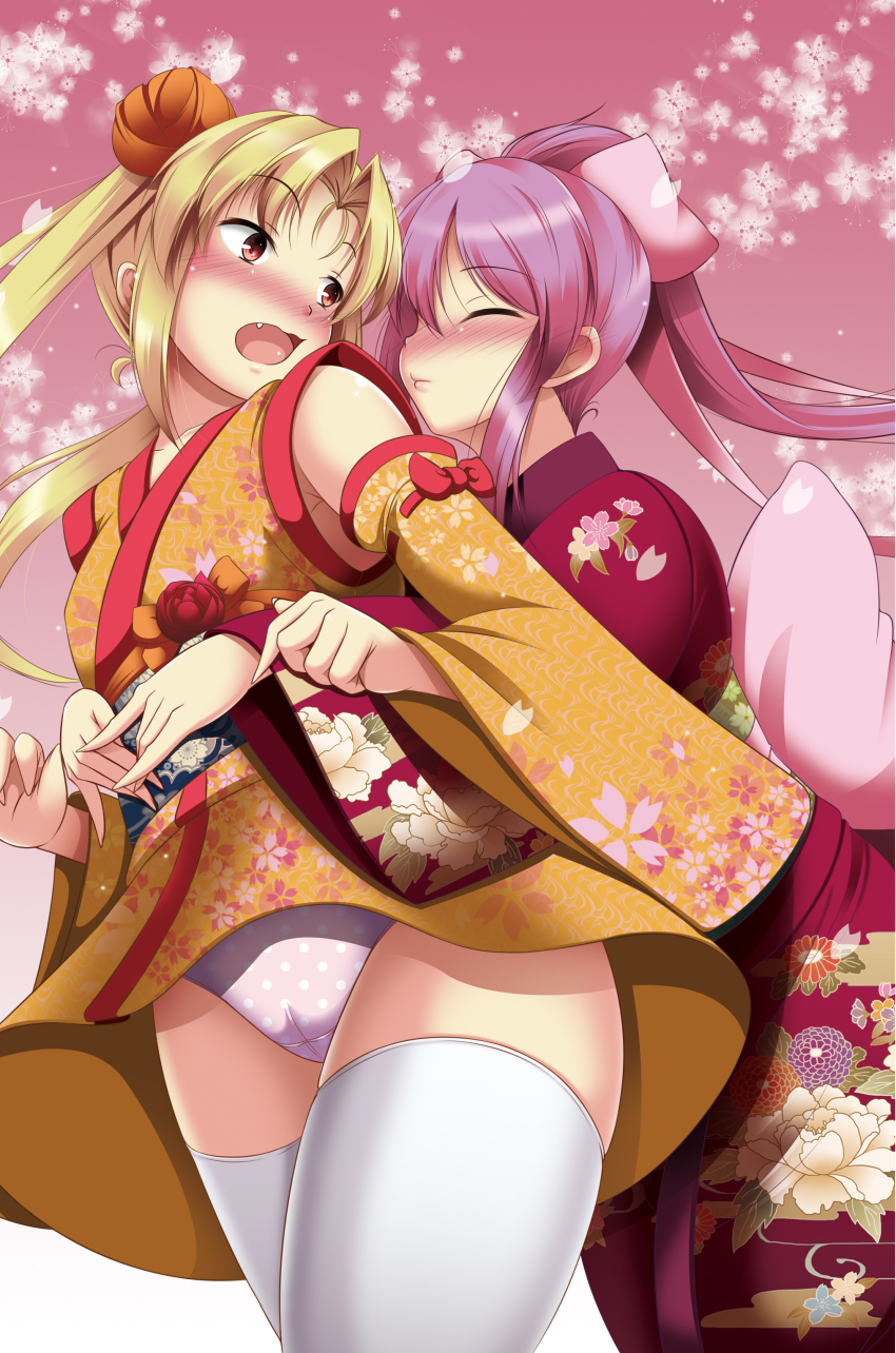2girls absurdres blonde_hair hide_yoshino highres multiple_girls panties purple_hair red_eyes sengoku_otome tokugawa_ieyasu_(sengoku_otome) underwear