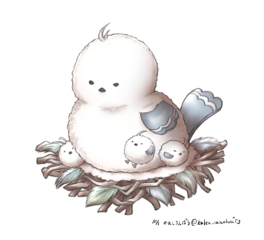 absurdres animal_focus bird commentary_request fluffy full_body highres iwin_(ragnarok_online) kalen_manbou nest no_humans ragnarok_online simple_background translation_request twitter_username white_background