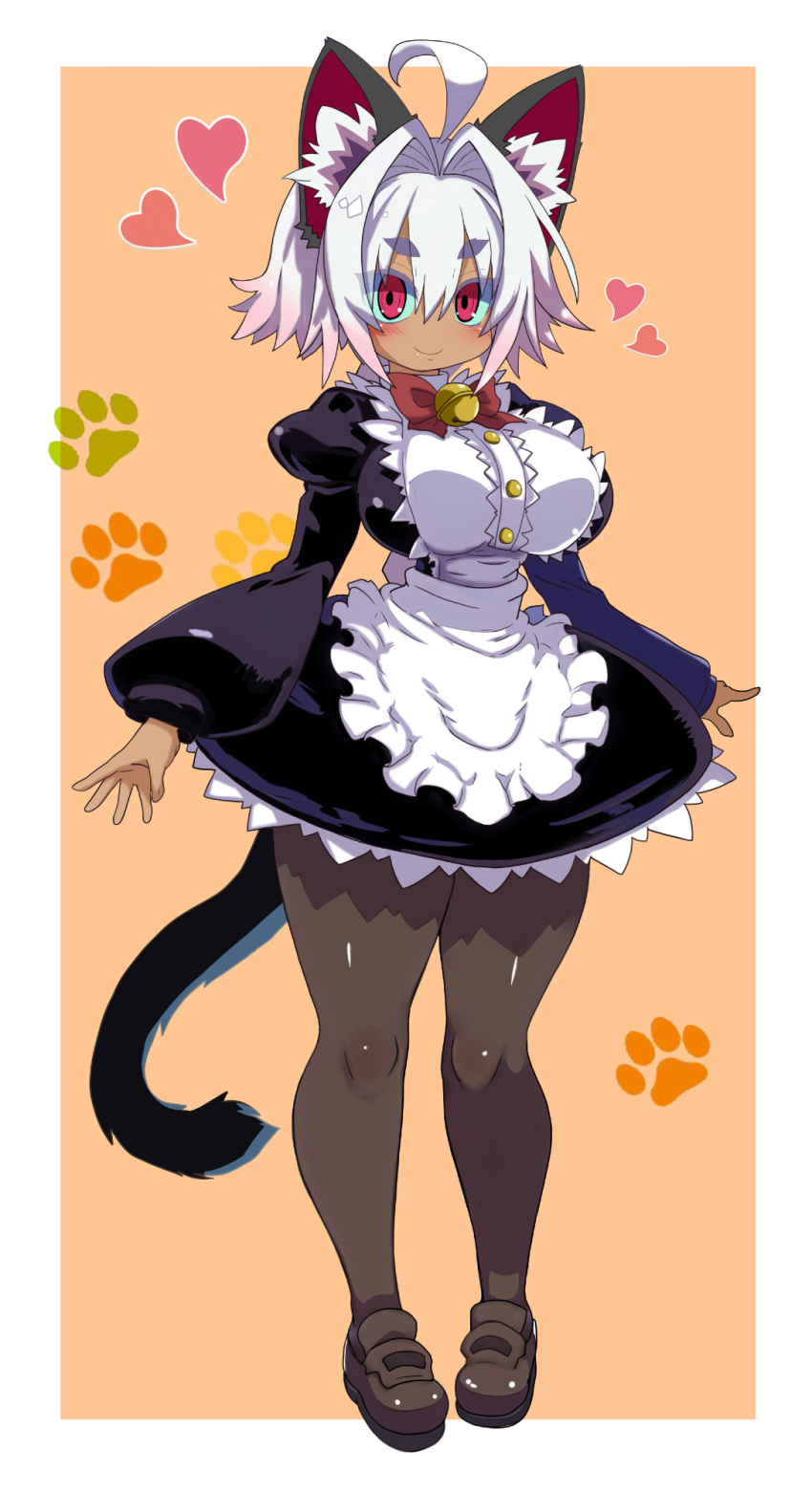 1girl ahoge animal_ear_fluff animal_ears apron bell black_dress blush bow bowtie breasts brown_pantyhose brown_shoes cat_ears cat_girl cat_tail closed_mouth colored_tips dark-skinned_female dark_skin dress full_body hair_between_eyes heart highres large_breasts looking_at_viewer maid maid_day multicolored_hair neck_bell original pantyhose paw_print paw_print_background red_bow red_bowtie red_eyes shoes short_eyebrows smile solo tail tsukinoha_mio white_apron white_hair
