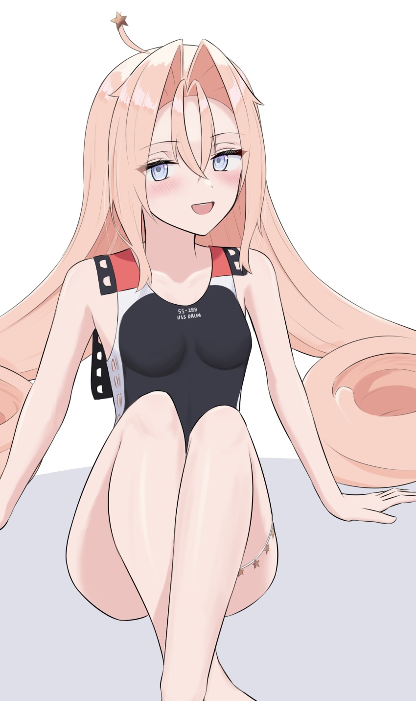 1girl absurdres black_one-piece_swimsuit commentary_request drum_(kancolle) grey_eyes hair_ornament hair_rings highres kantai_collection l_meet long_hair looking_at_viewer no_coat one-piece_swimsuit open_mouth pink_hair sitting smile solo star_(symbol) star_hair_ornament star_ornament swimsuit very_long_hair
