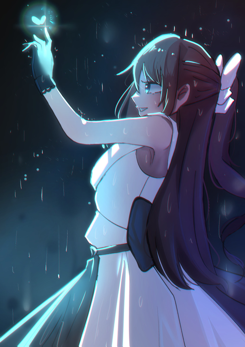 1girl absurdres armpits black_background black_dress black_gloves blue_eyes bow brown_hair commentary dress english_commentary from_side gloves hair_bow half_updo hand_up highres long_hair love_live! love_live!_nijigasaki_high_school_idol_club multicolored_dress osaka_shizuku over_flow99 rain sidelocks solitude_rain_(love_live!) solo standing upper_body v-shaped_eyebrows wet wet_hair white_bow white_dress