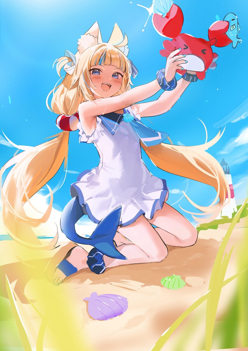 &gt;_&lt; 1girl :d absurdres animal animal_ear_fluff animal_ears ankle_scrunchie bare_arms bare_legs bare_shoulders beach blonde_hair blue_hair blue_necktie blue_sky blunt_bangs blush cloud commentary crab day dress fins fish fish_tail full_body grass highres holding holding_animal indie_virtual_youtuber kaniki_(sameko_saba) kneeling lighthouse long_hair looking_at_viewer low_twintails mayutsuba_mono multicolored_hair necktie open_mouth outdoors sameko_saba sameko_saba_(fish) sand scrunchie seashell shark_tail sharp_teeth shell short_dress sky sleeveless sleeveless_dress smile solo streaked_hair tail teeth twintails two-tone_hair two_side_up very_long_hair virtual_youtuber white_dress wrist_scrunchie
