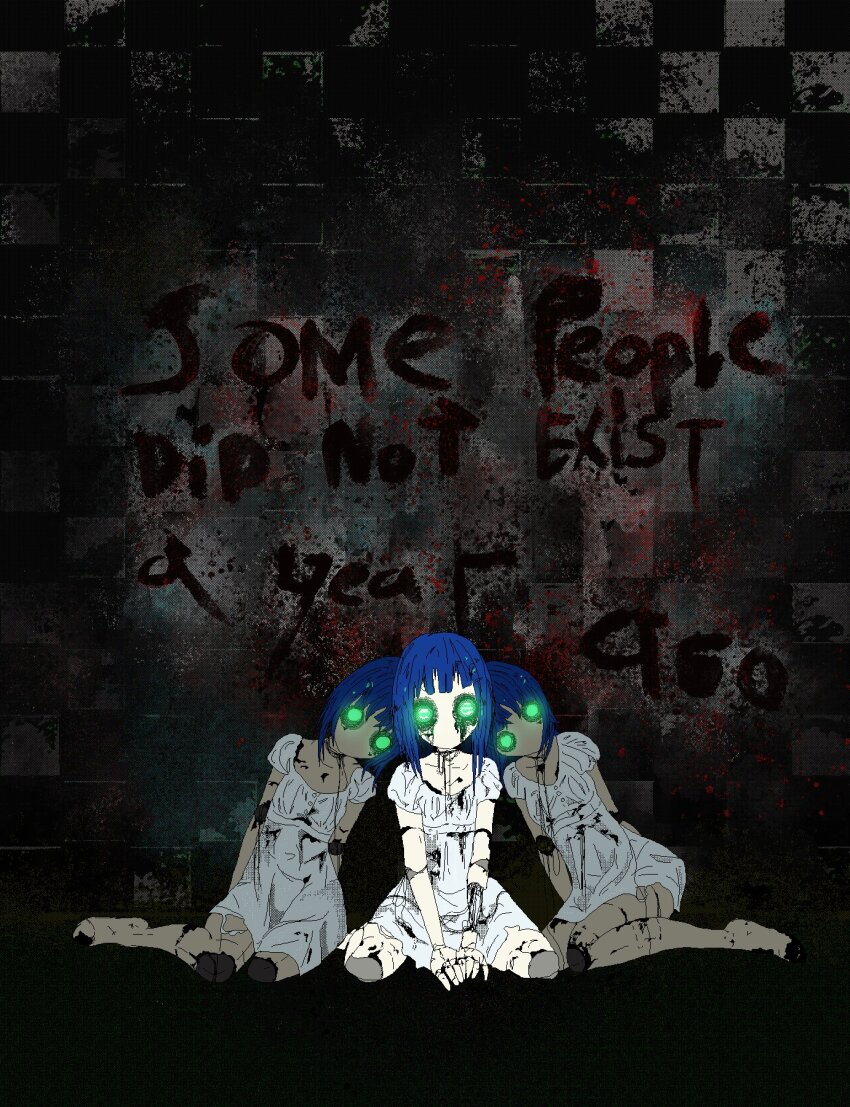 3girls against_wall android arms_behind_back artificial_eye between_legs blood blood_on_wall blood_splatter blue_hair blunt_bangs cable commentary cuts damaged dark_room dilapidated dithering dress english_commentary english_text full_body glowing glowing_eyes graffiti green_eyes hand_between_legs hands_on_floor highres horror_(theme) indoors injury jaggy_lines joints leaning_on_person looking_at_viewer mechabare mechanical_eye medium_hair molodost_(peripeteia) multiple_girls no_mouth on_floor peripeteia robot_girl robot_joints shadow short_dress sitting stained_clothes straight-on straight_hair stuffbecauseidk symmetrical_pose symmetry tile_wall tiles torn_clothes torn_dress vignetting wariza white_dress yokozuwari
