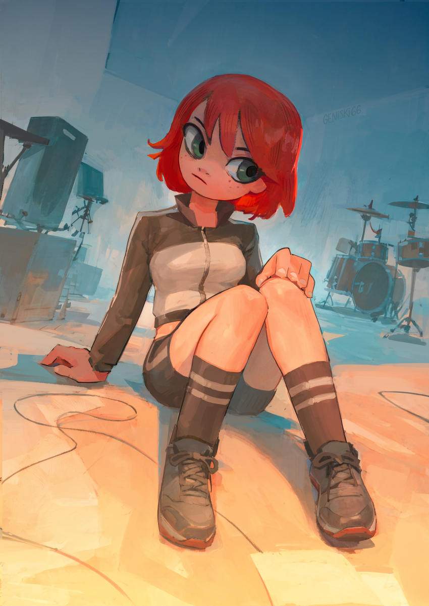 1girl absurdres amplifier bike_shorts black_jacket black_shoes black_shorts black_socks breasts commentary drum drum_set dutch_angle english_commentary frown full_body geniski66 green_eyes highres instrument jacket keyboard_(instrument) kim_pine medium_breasts multicolored_jacket red_hair scott_pilgrim_(series) shoes short_hair shorts sitting sneakers socks solo two-tone_jacket