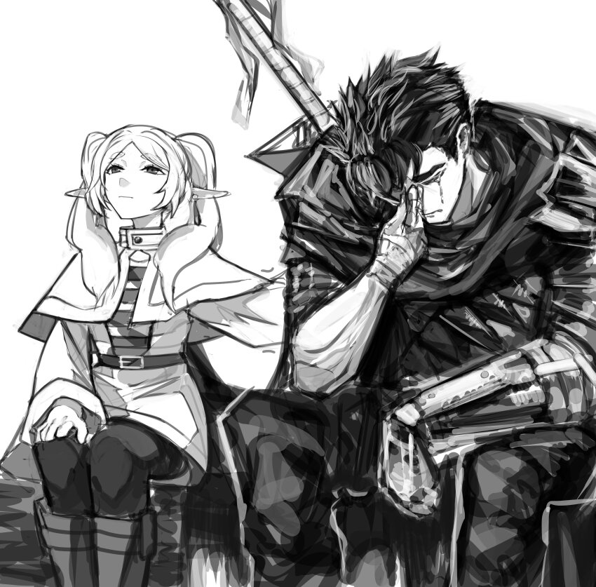 1boy 1girl absurdres armor bandaged_hand bandages belt berserk berserker_armor boots capelet closed_eyes crossover crying dragonslayer_(sword) earrings elf expressionless floating_earring frieren greyscale guts_(berserk) hair_over_shoulder hand_on_another&#039;s_back hand_on_own_leg heartbreak_juan highres huge_weapon jewelry looking_down monochrome pantyhose parted_bangs pointy_ears shirt short_hair sitting sousou_no_frieren striped_clothes striped_shirt sword twintails weapon white_background