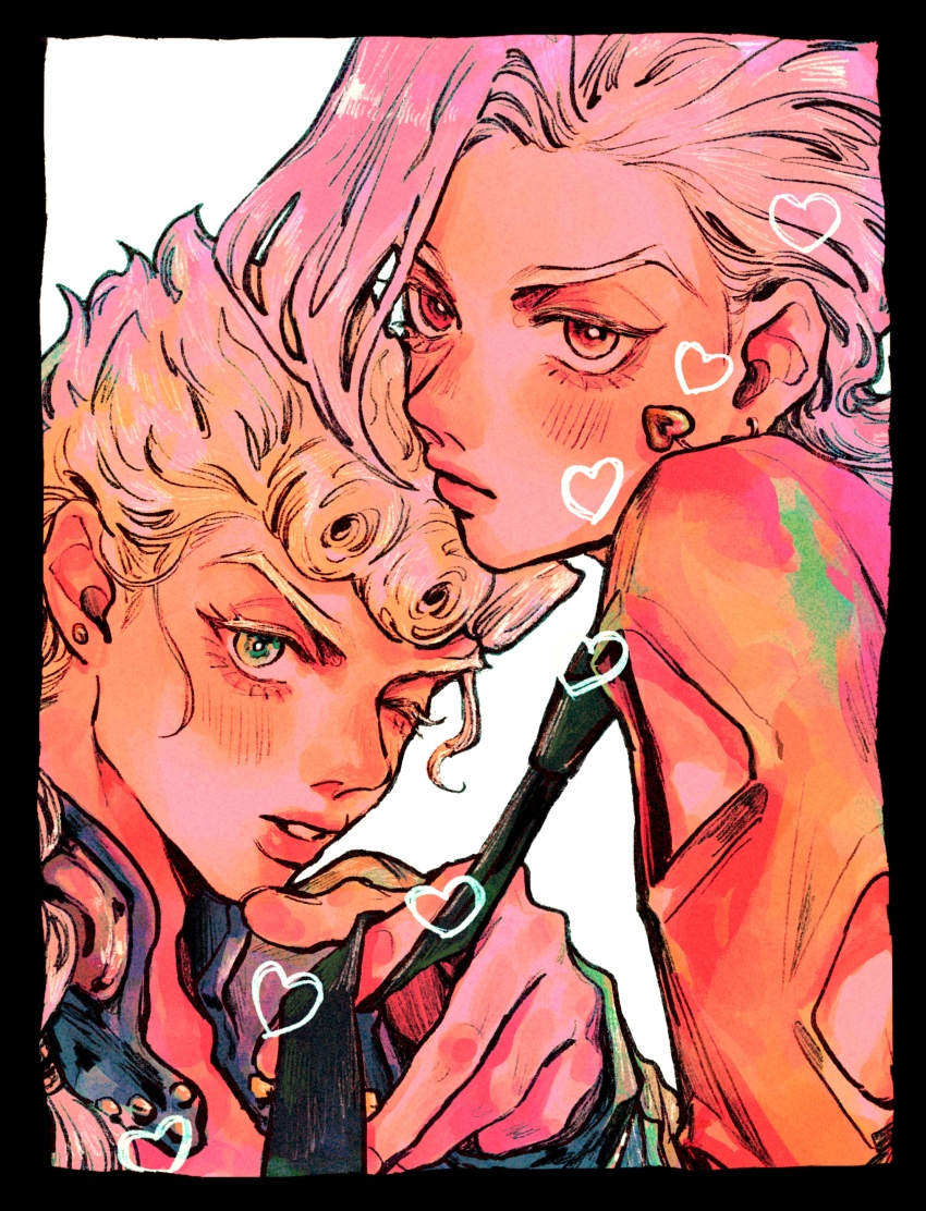 2boys absurdres bishounen black_border black_jacket black_necktie blonde_hair blush border colored_eyelashes curtained_hair drawn_heart earrings food-themed_earrings giorno_giovanna green_eyes highres holding_necktie jacket jewelry jojo_no_kimyou_na_bouken male_focus multiple_boys necktie okokoro_zaiku one_eye_closed pannacotta_fugo red_eyes red_shirt shirt stud_earrings vento_aureo victory_rolls white_hair yaoi