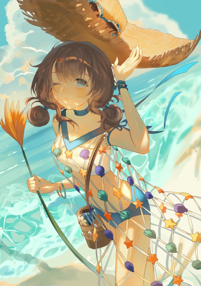 1girl ;o bag beach bird_of_paradise_flower blue_choker blue_eyes blue_ribbon blue_shorts blue_sky brown_bag brown_hair brown_hat choker cloud cowboy_shot day dress fishnet_dress flower hair_ribbon hands_up hat highres holding holding_flower ir0_0616 looking_up marcus_(on_the_white_sand)_(reverse:1999) marcus_(reverse:1999) ocean official_alternate_costume one_eye_closed orange_flower outdoors reverse:1999 ribbon sand shell short_hair shorts shoulder_bag sky sleeveless sleeveless_dress solo starfish strapless straw_hat tube_top very_low_bun white_tube_top