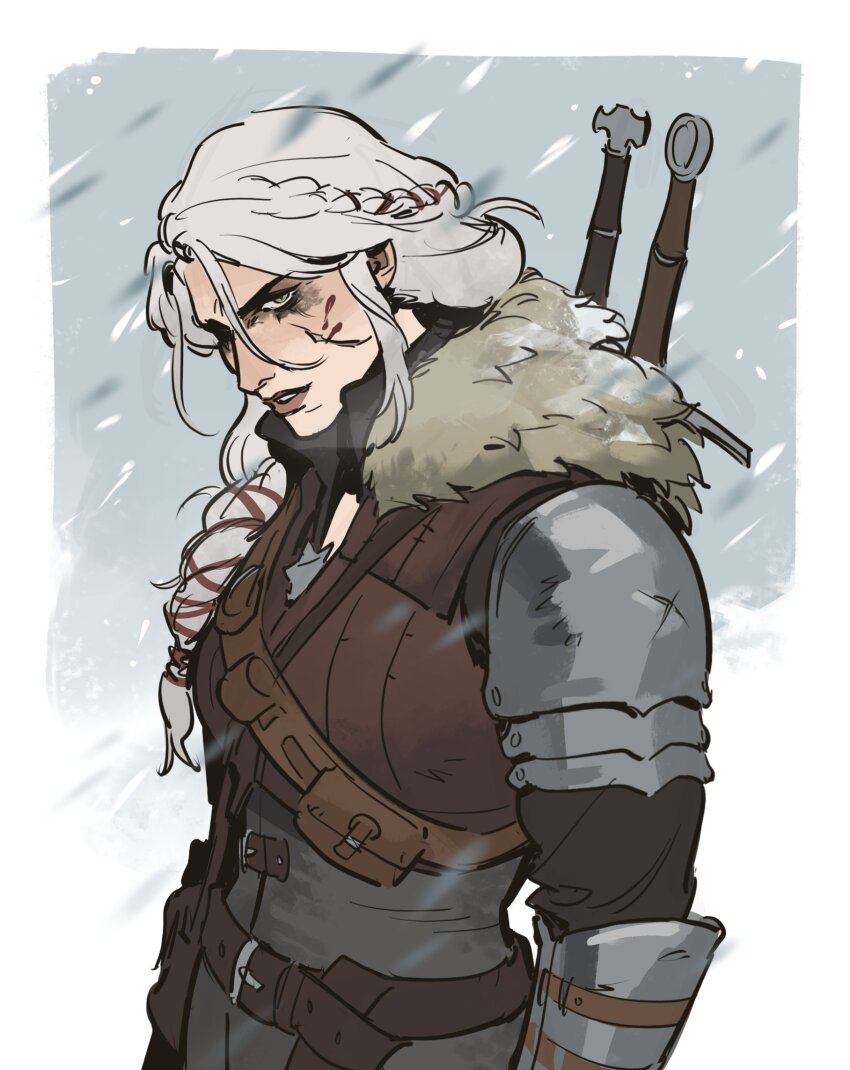1girl armor belt brown_belt ciri facial_scar fur_collar green_eyes highres lady_santos long_hair male_focus outdoors pauldrons scar scar_on_cheek scar_on_face shoulder_armor snow solo sword sword_on_back the_witcher_(series) the_witcher_4 upper_body weapon weapon_on_back white_hair