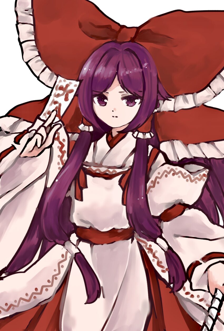 1girl between_fingers bow chihaya_(clothing) closed_mouth foul_detective_satori frilled_bow frilled_hair_tubes frills gensokyo&#039;s_first_hakurei_miko hair_bow hair_tubes highres holding japanese_clothes kimono long_hair long_sleeves looking_at_viewer mensoreimuremu miko ofuda ofuda_between_fingers purple_eyes purple_hair solo touhou very_long_hair white_background white_kimono wide_sleeves