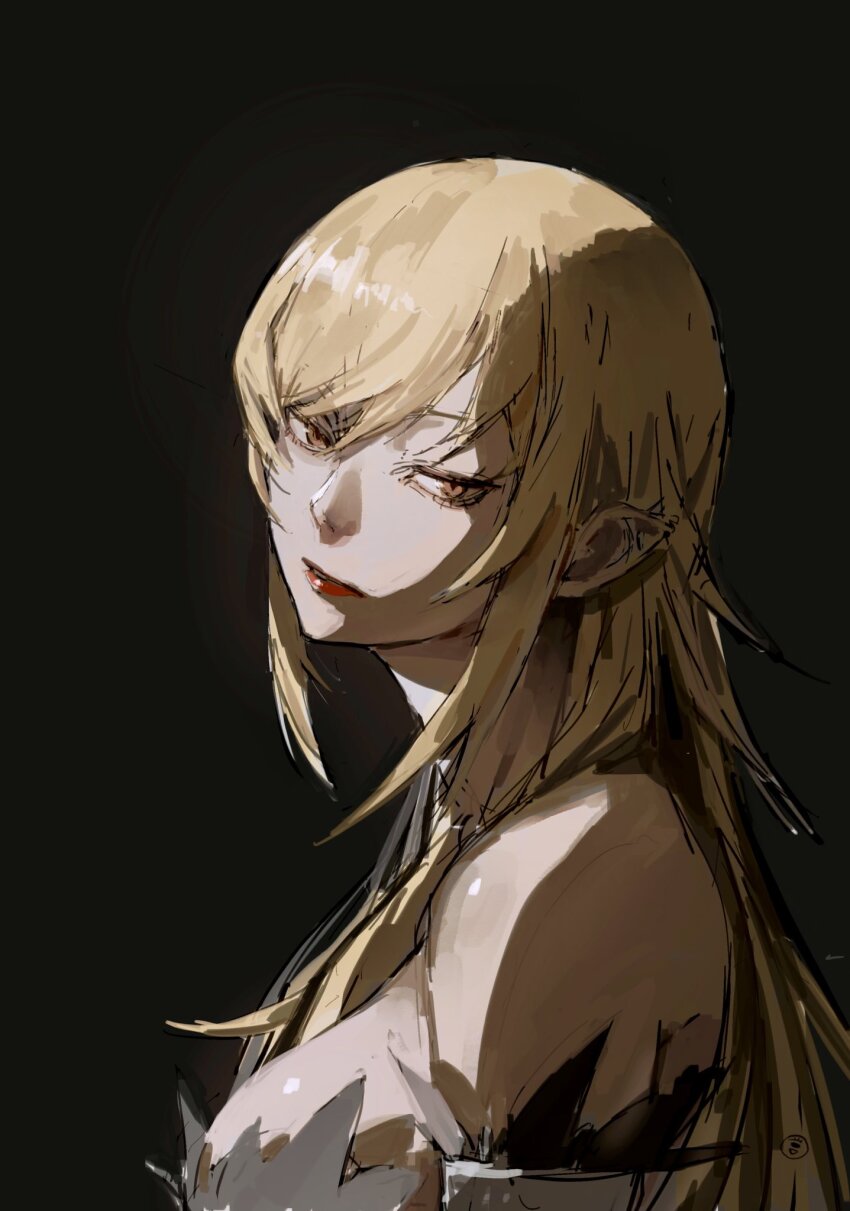 1girl artist_logo bare_shoulders black_background blonde_hair breasts detached_sleeves dress feather-trimmed_dress from_side fur-trimmed_sleeves fur_trim hair_between_eyes highres kiss-shot_acerola-orion_heart-under-blade large_breasts logo long_hair long_sidelocks looking_at_viewer monogatari_(series) oshino_shinobu pointy_ears red_lips sidelocks simple_background solo strapless strapless_dress taki_(a313131333) turning_head upper_body vampire