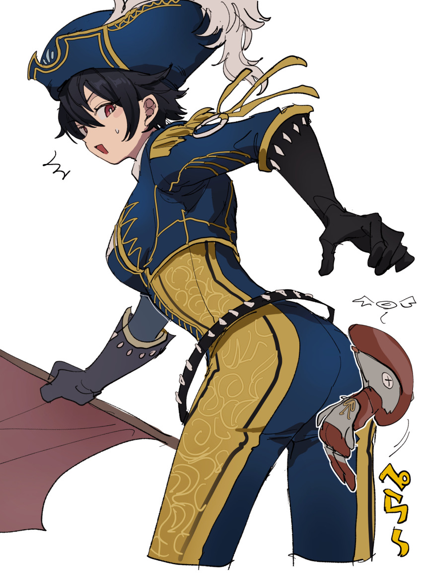 1girl aoi_(yooo009) ass black_gloves black_hair blue_hat blue_jacket blue_leotard cavalier_hat cowboy_shot cropped_jacket cropped_legs deflated double-parted_bangs elbow_gloves furrowed_brow gloves hair_between_eyes hat highres holding jacket leotard leotard_under_clothes looking_back megido72 notice_lines open_mouth rectangular_mouth red_eyes short_hair solo sweatdrop turning_around yellow_leotard yellow_trim zagan_(megido72)