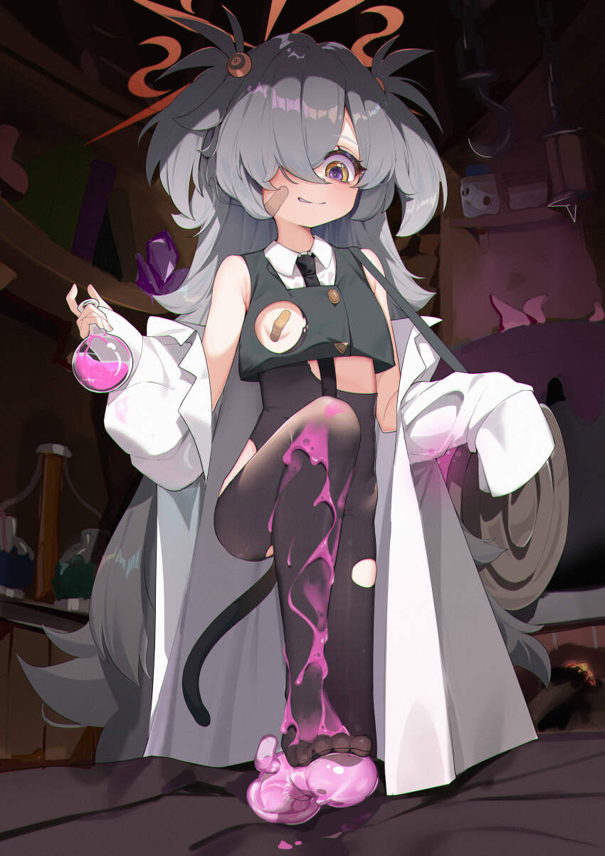 1girl absurdly_long_hair absurdres adapted_costume alternate_costume armpit_crease bandaid bandaid_on_cheek bandaid_on_face bandaids_on_nipples bare_shoulders black_eyes black_necktie black_pantyhose blue_archive blush bookshelf bright_pupils cat_tail cauldron chinese_commentary clothing_cutout coat collared_shirt commentary_request covered_erect_nipples downturned_eyes eyeball_hair_ornament eyelashes fake_tail feet film_grain flask flat_chest foot_out_of_frame glint grey_hair grin hair_between_eyes hair_ornament hair_over_one_eye halo hand_up hands_up haniwa_(statue) high-waist_pantyhose highres holding holding_flask hook indoors kanoe_(blue_archive) knee_up lab_coat leg_up loli long_bangs long_hair long_sleeves looking_down marshal_(artist) multicolored_eyes necktie no_bra no_pants no_shoes off_shoulder one_eye_covered open_clothes open_coat orange_halo pantyhose parted_lips pasties pink_liquid round-bottom_flask sexually_suggestive shirt simulated_footjob sleeves_past_fingers sleeves_past_wrists smile solo spiked_hair standing suggestive_fluid tail tareme thighs toes torn_clothes torn_pantyhose two-tone_eyes two_side_up very_long_hair wet wet_clothes white_coat white_pupils white_shirt yellow_eyes