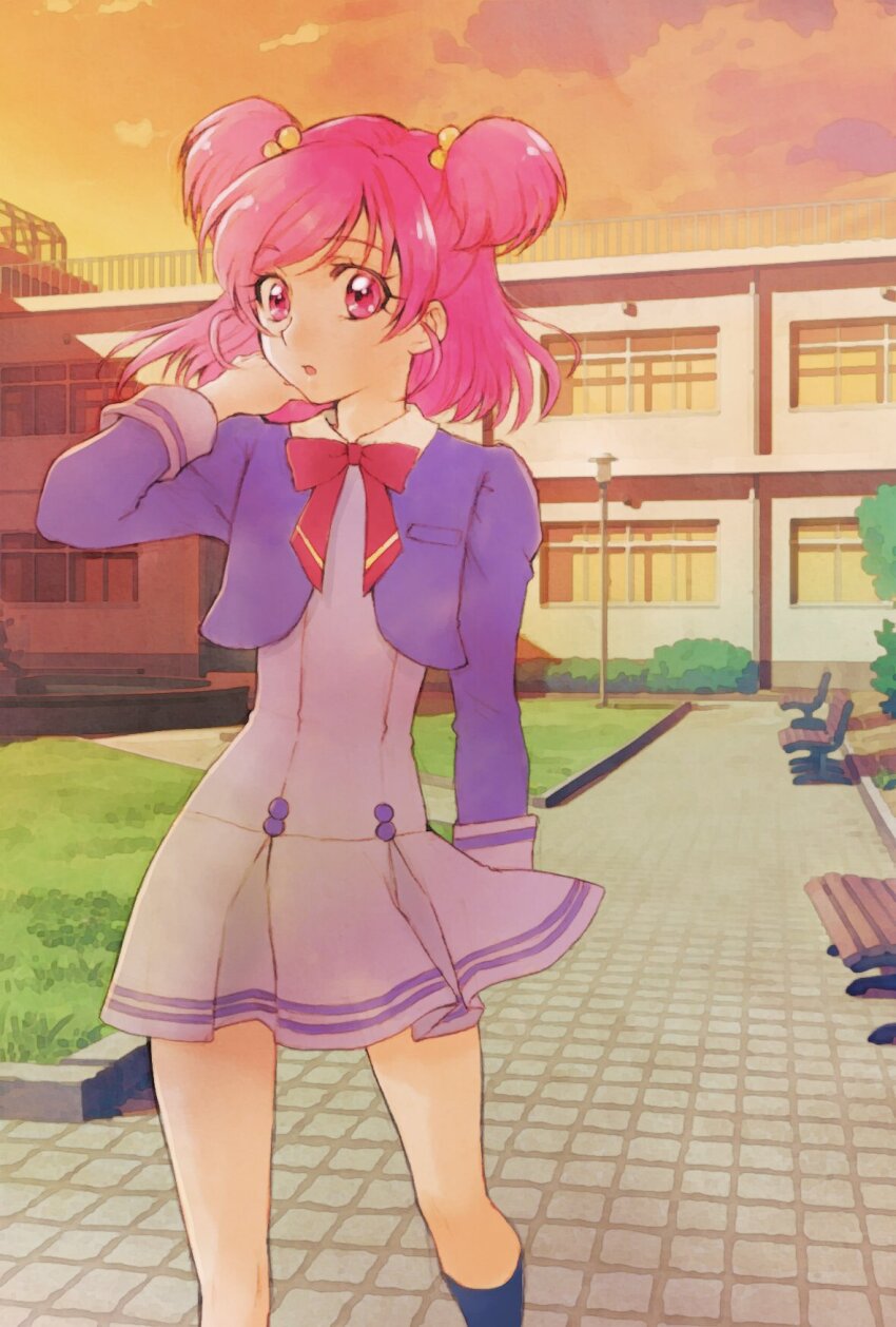 1girl :o aizen_(syoshiyuki) blue_socks bow dress hair_behind_ear hand_on_own_face highres jacket kneehighs l&#039;ecole_des_cinq_lumieres_school_uniform looking_at_viewer open_mouth pink_eyes pink_hair precure purple_dress purple_jacket red_bow school school_uniform socks striped_clothes striped_dress sunset two_side_up wind yes!_precure_5 yumehara_nozomi