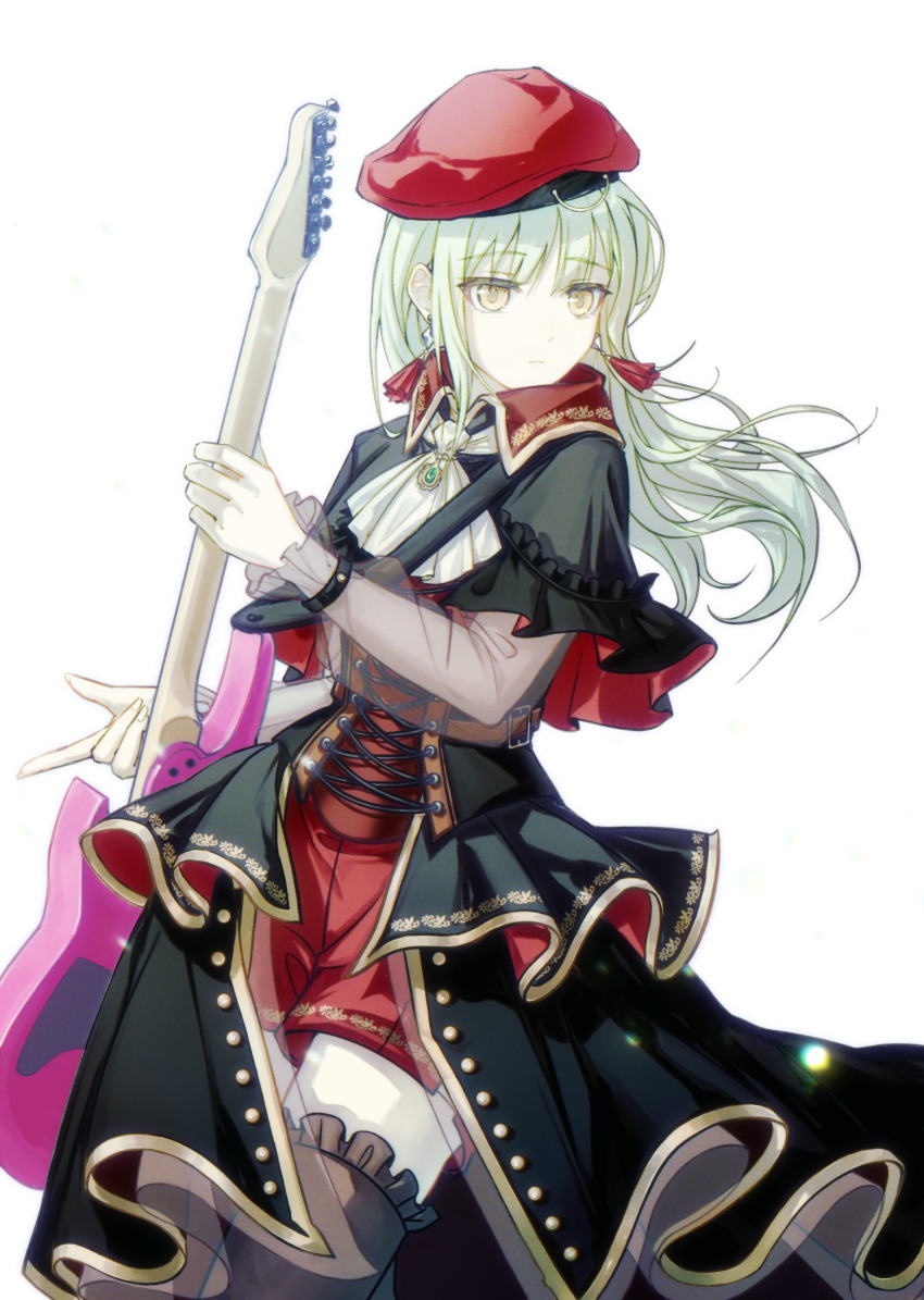 1girl 7-string_guitar absurdres ascot bang_dream! bang_dream!_it&#039;s_mygo!!!!! beret black_capelet black_corset brooch capelet chinese_commentary closed_mouth commentary_request corset cowboy_shot cross-laced_clothes cross-laced_corset derivative_work earrings expressionless floating_hair frilled_capelet frilled_thighhighs frills green_brooch green_hair grey_thighhighs guitar guitar_strap hat highres holding holding_guitar holding_instrument instrument jewelry lens_flare lightorybaili long_hair long_sleeves looking_ahead mortis_(bang_dream!) mortis_(costume)_(bang_dream!) red_hat red_shorts schecter_guitar see-through_clothes see-through_sleeves short_shorts shorts showgirl_skirt simple_background solo textless_version thighhighs turning_head two-sided_capelet two-sided_fabric wakaba_mutsumi white_ascot white_background wing_collar wristband yellow_eyes